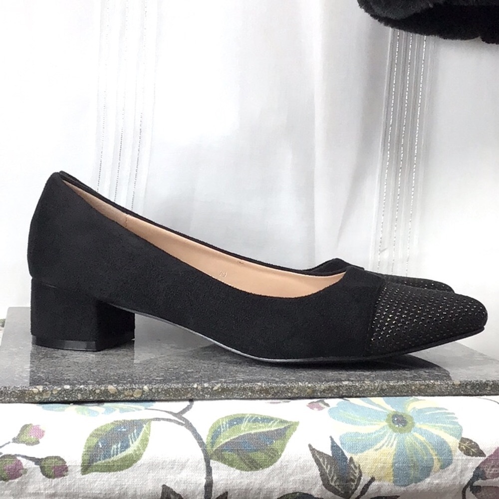 🪭 BESTON ‘Lily-2’ Black Faux Suede Embellished Point Toe Block Kitten Heel - Picture 2 of 10